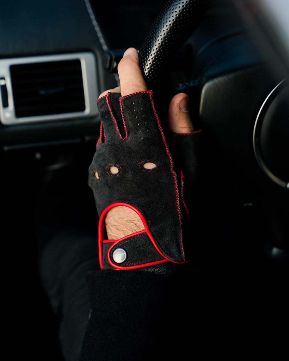 Powerslide Fingerless Suede Driving Gloves Dark Grey/Red THE