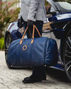 THE OUTLIERMAN weekenders GLOBETROTTER - Full-grain Leather Weekender Garment Bag - Blue/Tan