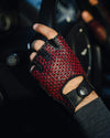 THE OUTLIERMAN gloves BESPOKE - Fingerless Peccary Leather Driving Gloves - Black/Red